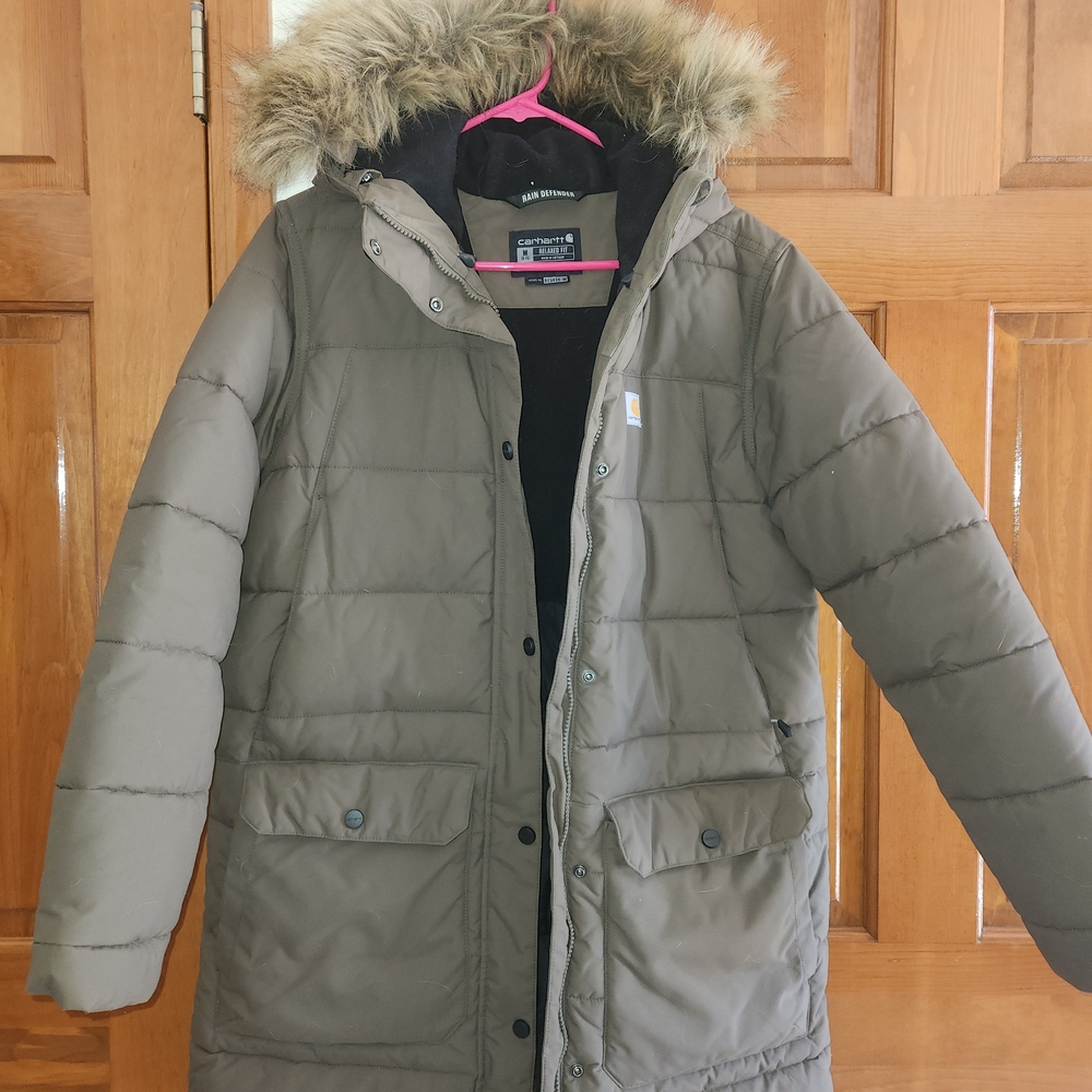 Carhartt Olive Puffer Jacket with Detachable Faux Fur Hood